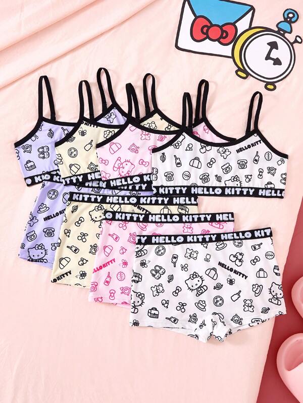 HELLO KITTY AND FRIENDS | SHEIN 4pcs/Set Tween Girl Cartoon Kitty And Bow Print Camisole Bra & Boyshort Panty Set,Soft & Comfortable,White,Pink,Yellow & Pueple,Cute,Sweet