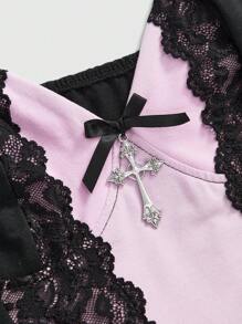 ROMWE Kawaii 大码女式复古娃娃风双色蕾丝拼接交叉蝴蝶结层叠下摆连衣裙，情人节必备