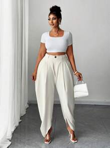 Plus Size Fashionable Pleated Apricot Pocket Maxi Pants - Apricot - View 3