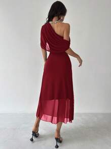 Firerie Vestido casual largo de punto con hombro asimétrico, manga corta, fruncido en la cintura y color rojo, elegante y generoso para mujer en verano