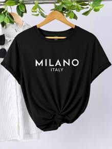 SHEIN LUNE Camiseta casual de manga corta para mujer de talla grande con estampado de lema "MILÁN ITALIA"