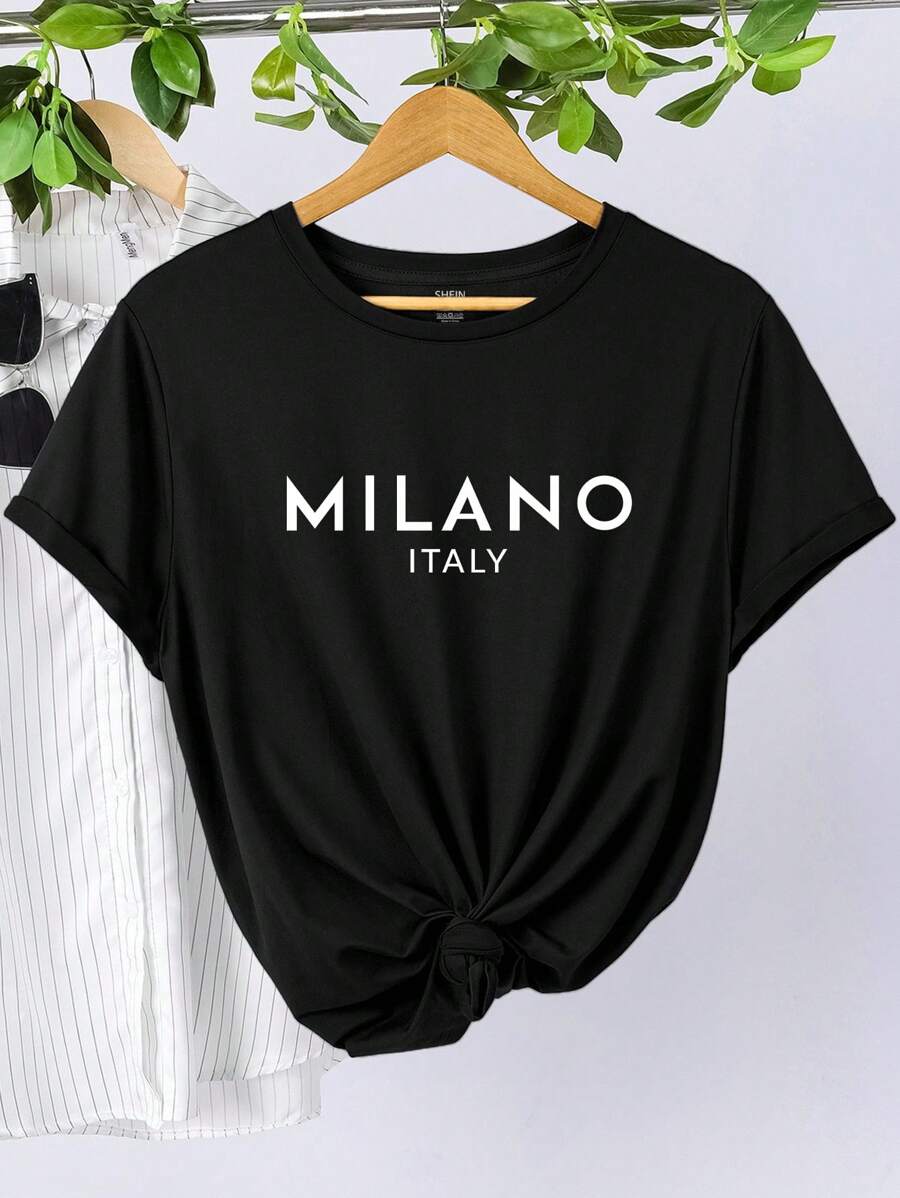 SHEIN LUNE Camiseta casual de manga corta para mujer de talla grande con estampado de lema "MILÁN ITALIA"