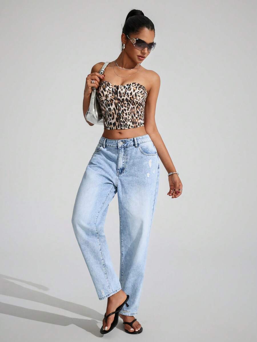 SHEIN EZwear Quần Jeans Ống Thẳng Túi Rách Đơn Giản Đa Năng Thường Ngày - Màu xanh lam - Xem 1