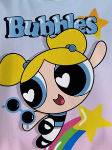 THE POWERPUFF GIRLS X SHEIN Tween Girls' Casual Cartoon & Letter Print Ombre Short Sleeve T-Shirt, Summer