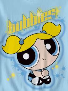 THE POWERPUFF GIRLS X SHEIN Women Summer Casual Cartoon & Letter Graphic Loose Fit Drop Shoulder Short Sleeve T-Shirt