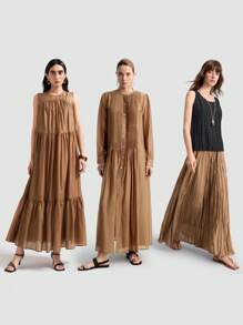 Ontre Váy thường ngày ngày lễ màu nâu bốn mùa dành cho nữ, đồng phục giáo viên, váy đơn giản họa tiết xếp ly, mùa tựu trường, phong cách cổ điển - Màu Khaki - Xem 4