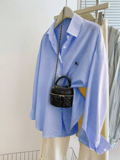 INAWLY Plus Size Women Casual T-Shirt, Drop Shoulder Long Sleeve Single Breasted Stripe Design Fall Cloth For Women