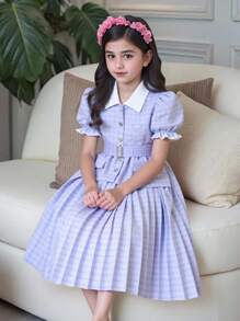 Váy phong cách học thuật thanh lịch thường ngày cho bé gái tuổi mới lớn, váy chữ A xếp ly cổ bẻ, vải họa tiết màu tím, tay bồng, có thắt lưng, thích hợp cho các buổi đi chơi, kỳ nghỉ, đi học, mùa xuân/hè - Màu tím hoa cà - Xem 1