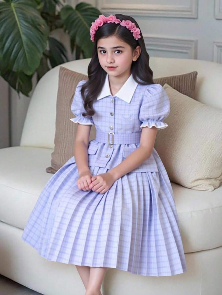 Váy phong cách học thuật thanh lịch thường ngày cho bé gái tuổi mới lớn, váy chữ A xếp ly cổ bẻ, vải họa tiết màu tím, tay bồng, có thắt lưng, thích hợp cho các buổi đi chơi, kỳ nghỉ, đi học, mùa xuân/hè - Màu tím hoa cà - Xem 1