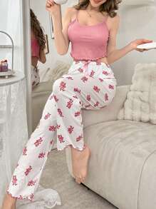 SHEIN Casual Underwear&Sleepwear 纯色吊带背心和印花睡裤女士睡衣套装 - 粉色 - 查看 6