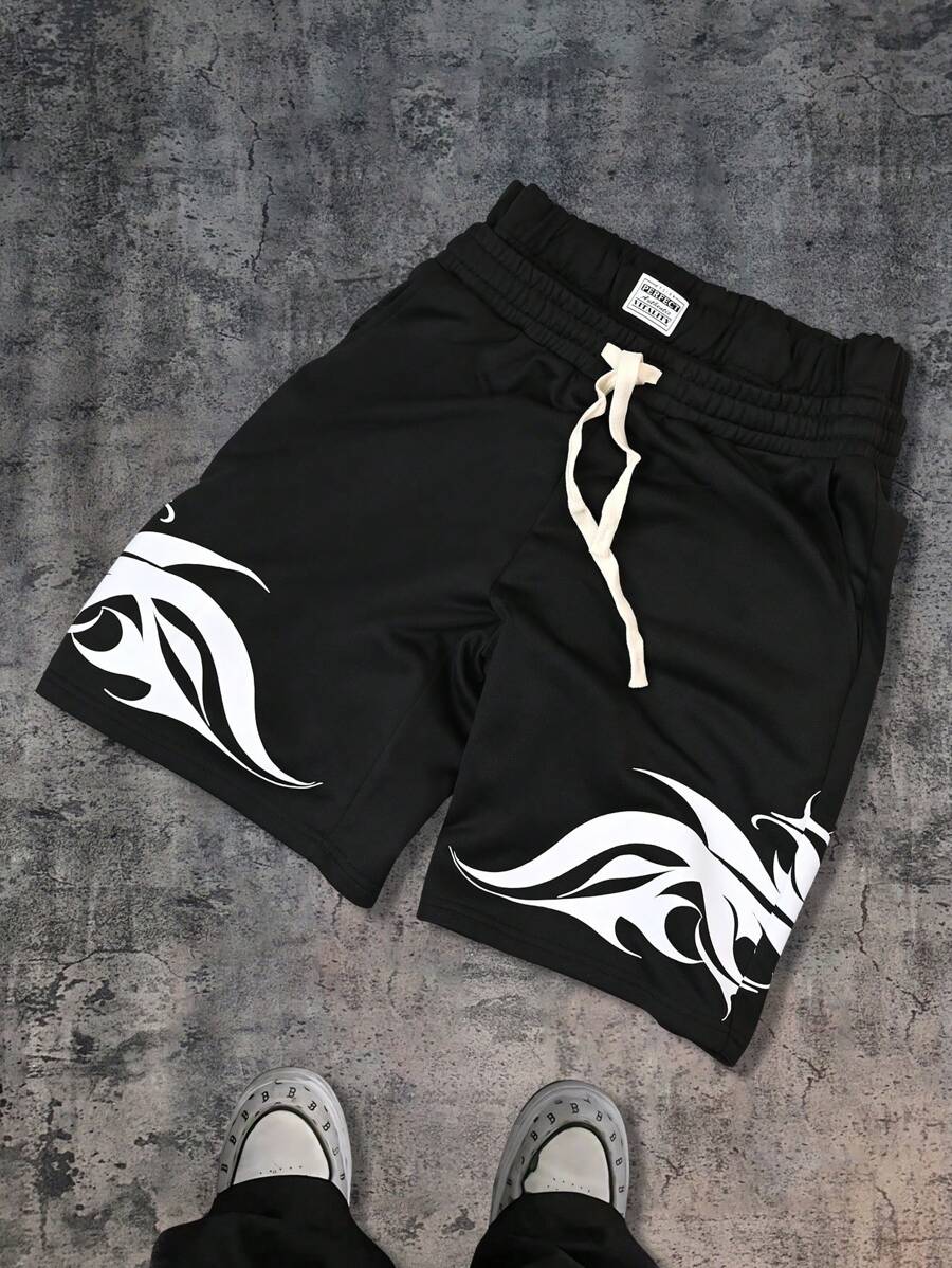 Manfinity EMRG Men's Flame Print Drawstring Waist Loose Casual Shorts - Black - View 1