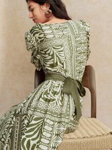 Écloséra V-Neck Print Color Block Bubble Short Sleeve Empire Waist Green Midi Dress, Casual Holiday Wear, Spring/Summer - Green - View 2