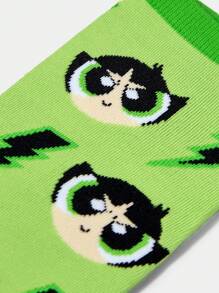 THE POWERPUFF GIRLS X SHEIN 1 Pair Women Buttercup Pattern Colorblock Ankle Socks - Green - View 3
