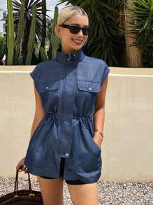 Livesso Women's Solid Color Loose Pocket Cinched Waist Casual Street Jacket, Autumn Vest Vacation - Blue - View 6