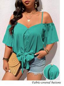 SHEIN LUNE 大码纯色休闲复古风露肩系带衬衫女夏季衬衫夏装女夏季套装女装女装大码正式 - 薄荷綠 - 查看 3