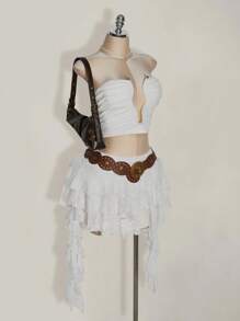 SHEIN ICON Váy ngắn ren trắng gợi cảm cỡ lớn đi nghỉ mát thường ngày có viền xếp nếp kèm quần short an toàn để ngăn váy bị hở, phù hợp cho mùa hè, lễ hội âm nhạc, mùa tựu trường - trắng - Xem 5