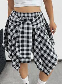 Flirla Rok Mini Kotak-kotak Asimetris dengan Simpul di Pinggang untuk Wanita Ukuran Plus - Hitam dan Putih - View 6