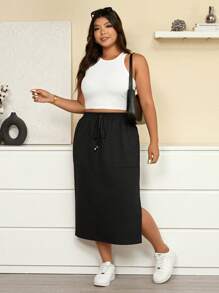 Calvaya 大码女式高腰A字休闲短裙，侧开衩 - 黑色 - 查看 5