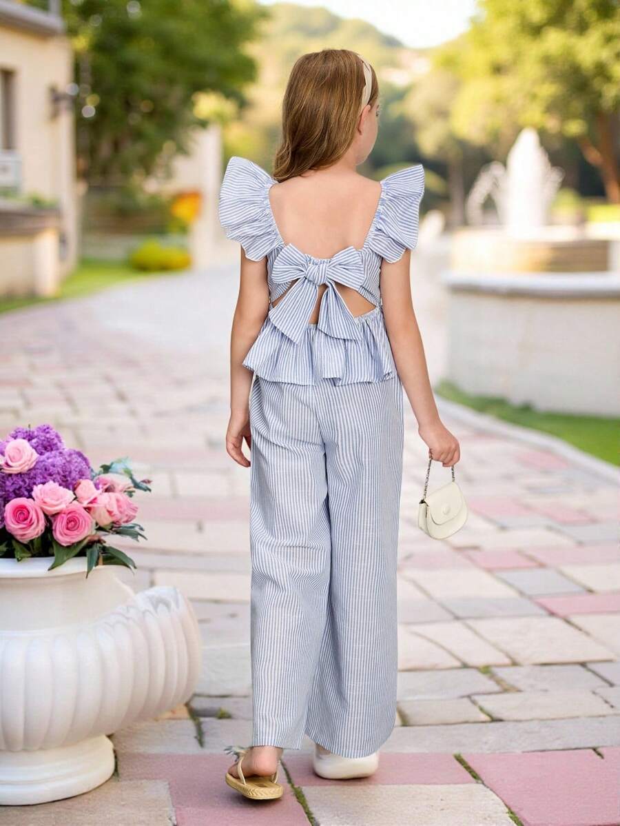 SHEIN Leap Crew 2pcs Set Tween Girls Striped Ruffle Trim Blouse And Loose Fit Pants - Blue - View 1