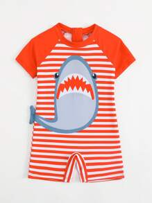 Baby & Baby Boy Shark Print Swimwear Set - Short Sleeve Romper - Orange - View 4