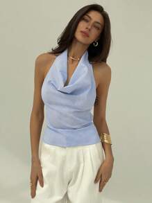 Aloruh Áo hở lưng kẻ sọc cổ sâu có dây buộc thời trang gợi cảm cho nữ - Màu xanh hải quân - Xem 3