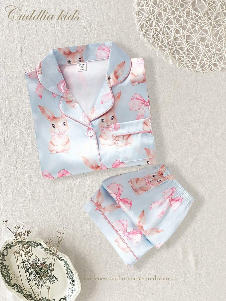 Set Piyama Celana Pendek Sutra Imitasi Motif Pita & Kelinci untuk Anak Perempuan, Pakaian Rumah yang Nyaman - Baby Blue - View 1