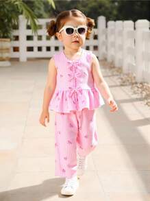 SHEIN 2pcs Baby Girls Toddler Newborn 0-3Y Summer Vacation Cute Bow Striped Vest Top + Pants Outfit Set Fall Winter - Pink - View 3