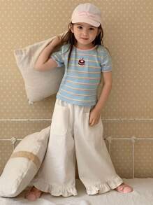 Hapijoa 女童圆领条纹卡通刺绣短袖T恤，夏季 - 藍色 - 查看 6