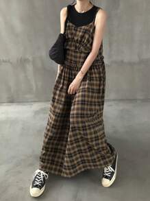 FRIFUL Women's Sleeveless Plaid With Ruffle Patchwork Loose Long Casual Dress Plaid Dress Women Brown Plaid Dress Long Plaid Dress Grunge Dress