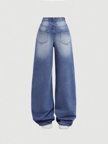 SHEIN 少女 Y2K 宽松休闲牛仔裤，带口袋和宽腿，少女暑假服装牛仔裤套装。 - 中等水洗藍 - 查看 2