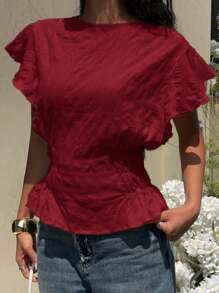 Siren Gaze 女士纯色圆领泡泡袖松紧腰荷叶边衬衫