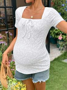 SHEIN Maternity White Square Neck Short Sleeve T-Shirt, Casual Daily Wear For Summer - White - View 5