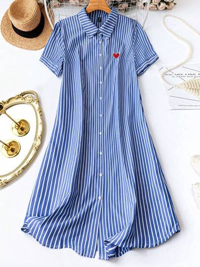 SHEIN LUNE Plus Size Women Casual Elegant Striped Heart Embroidery Short Sleeve Button Down Collared Long Dress Shirt