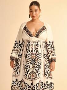 CAJUNI Vestido largo de estilo bohemio con estampado floral, cuello en V, de manga larga y holgado con calado para mujer de talla grande para vacaciones