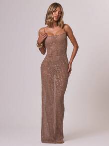 MUSERA Sequin Knit Strappy Fitted Maxi Dress Ibiza Outfit, Holiday, Spring, Summer, Vacation, Beach Wedding Guest  Wedding Guest, Elegant, Birthday, Night Out , , , - Brown - View 4