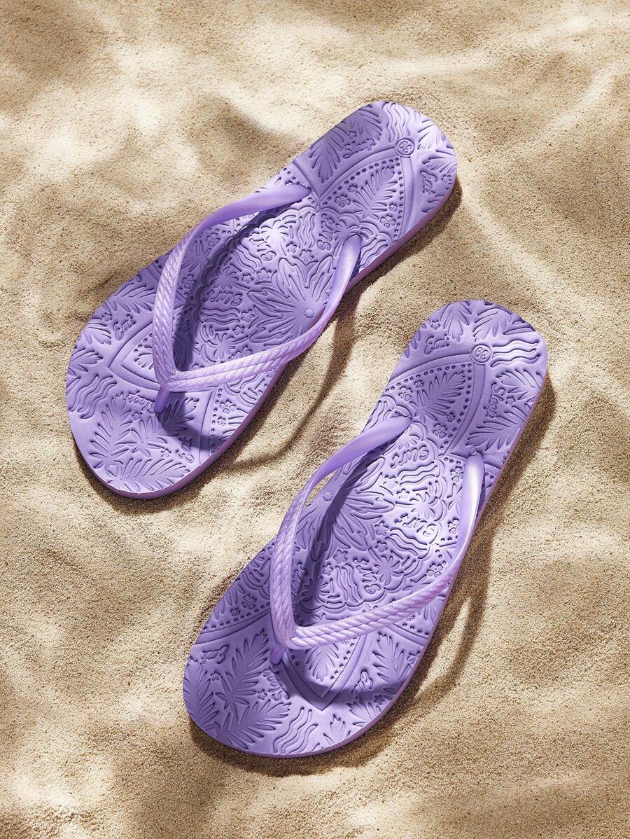 Grefit 女士星形印花平底人字拖,适合居家、沙滩和户外穿着 - 紫色 - 查看 1