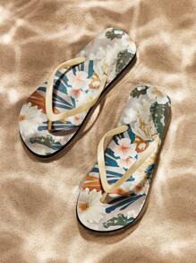 女士人字拖凉鞋，舒适轻便软底防滑透气户外休闲时尚沙滩拖鞋 - 米色 - 查看 1