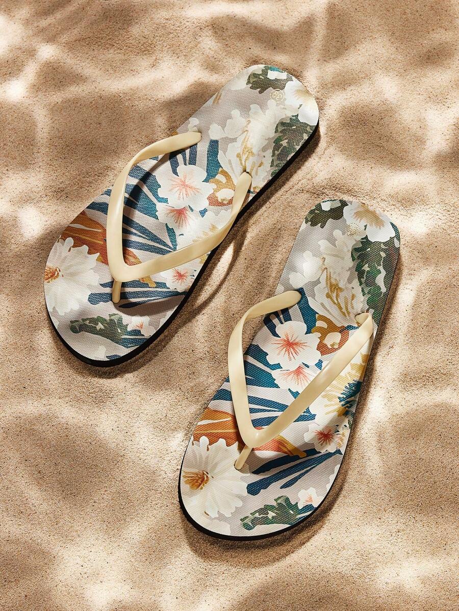 女士人字拖凉鞋，舒适轻便软底防滑透气户外休闲时尚沙滩拖鞋 - 米色 - 查看 1