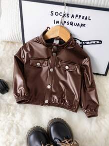 SHEIN 可爱休闲时尚街头皮领棕色夹克，适合男婴和女婴，非常适合秋冬季圣诞派对