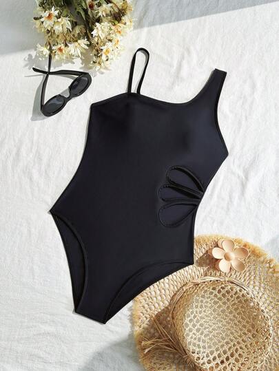 SHEIN Teen Girl 12-16 Years Old Summer Swimwear. One-Piece Swimsuit, Asymmetrical Design, Waist Cutout Floral, Spaghetti Strap, Solid Black Color, Elegant Classic Fashion, Waist Hollow. Suitable For Teen Girl To Wear To Beach And Vacation
