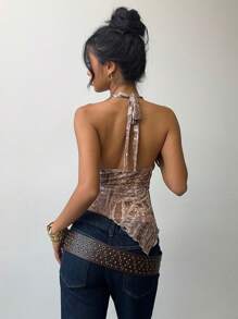 Aloruh Parte superior elegante y sexy para mujer, ideal para festivales de música, conciertos, uso diario y casual, estilo Y2K para chicas jóvenes, parte superior retro de malla tejida con estampado marrón, estilo bohemio chic para vacaciones, escote en V profundo, cuello halter, espalda descubierta, camisola con estampado de flor de anacardo, atuendos para graduación y regreso a la escuela