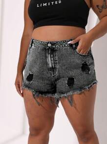 SHEIN CURVE+ Plus Size Casual Washed Distressed Denim Shorts - Black - View 3