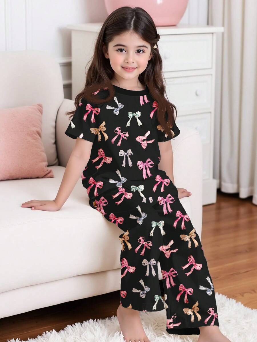 SHEIN Young Girls'' Casual Minimalist Fitted Crew Neck Short Sleeve Pants Home Wear, Suitable For Summer - Multicolor - View 1