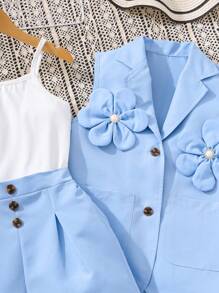 女童优雅高腰背心、背心和短裤三件套