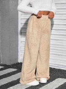 SHEIN Pantalón de pierna recta de punto de unicolor informal para niña preadolescente - Albaricoque - Ver 4