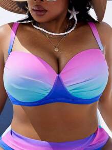 Slaydiva Plus Size Women Casual Ombre Printed Adjustable Strap Halter Bikini Top, Suitable For Holiday And Daily Wear For Summer Beach Vacation