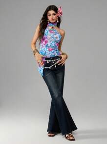 ROMWE J-Fashion Pañuelo de gasa con decoraciones de estampado de leopardo, floral y concha para el cuello, top de tirantes de estilo retro de vacaciones en la playa Y2K Girl Boss