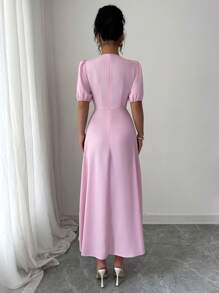 Elenzga Women's Two-Tone Bowknot Waistband Ruffle Hem Slimming Short Sleeve Mid-Length A-Line Dress - Pink - View 2