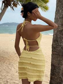 Opulessa 黄色奶油色纯色针织吊带露背修身迷你连衣裙，适合女士、夏季度假装、波西米亚海滩度假装、波西米亚风、节日装、毕业装、女士生日礼服、海滩必备品、适合外出、音乐会、派对、休闲、俱乐部装、约会、夜间外出、度假、海滩装、花园婚礼宾客礼服、优雅女士礼服、音乐会、派对、俱乐部装、情人节、 - 黃色 - 查看 2