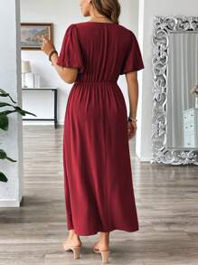 SHEIN Clasi 大码女式法式度假优雅心形领扭纹前部 A 字型泡泡袖长裙，春夏